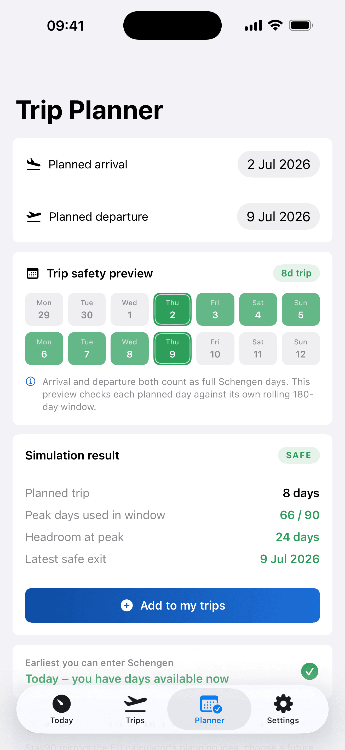 Stay90 Trip Planner showing a safe proposed Schengen trip