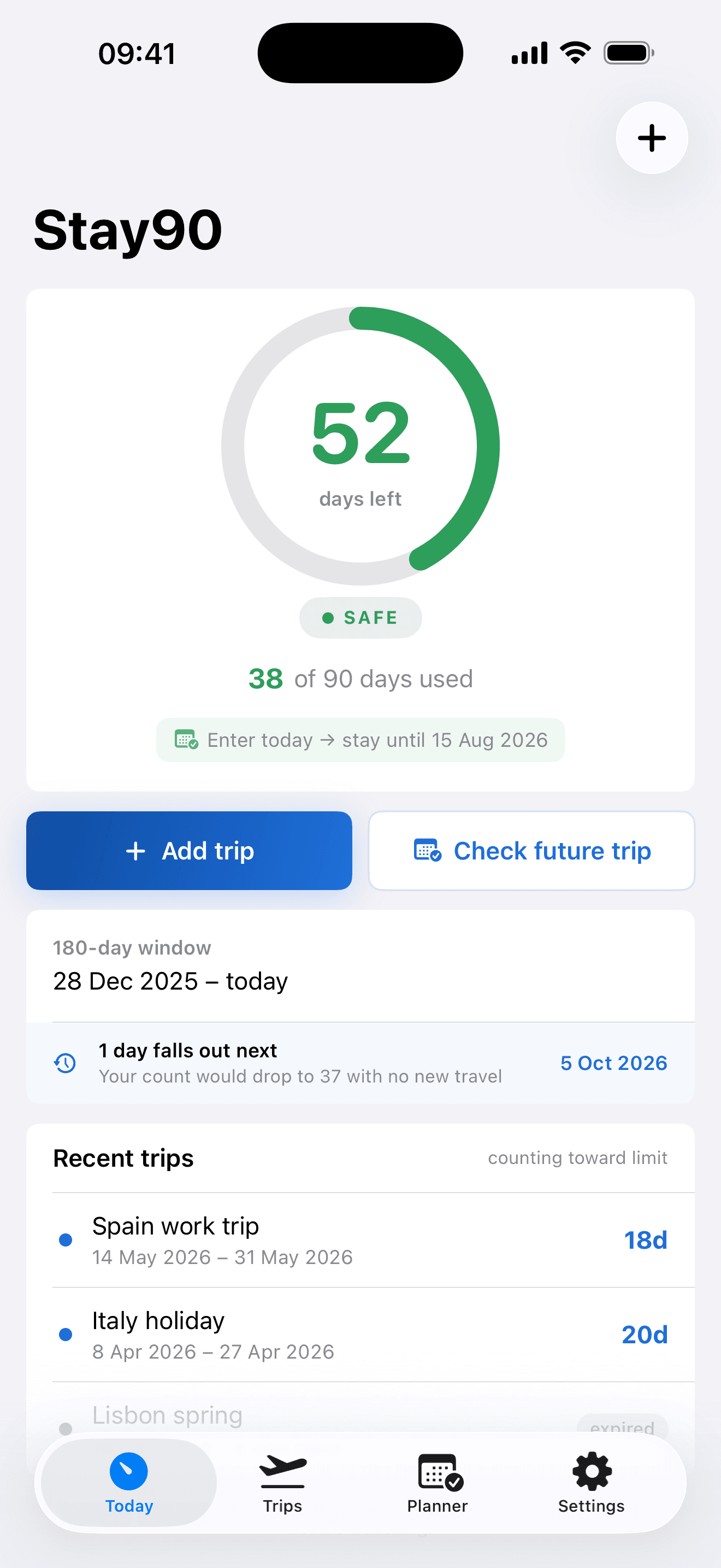 Stay90 Today screen showing days remaining and recent Schengen trips