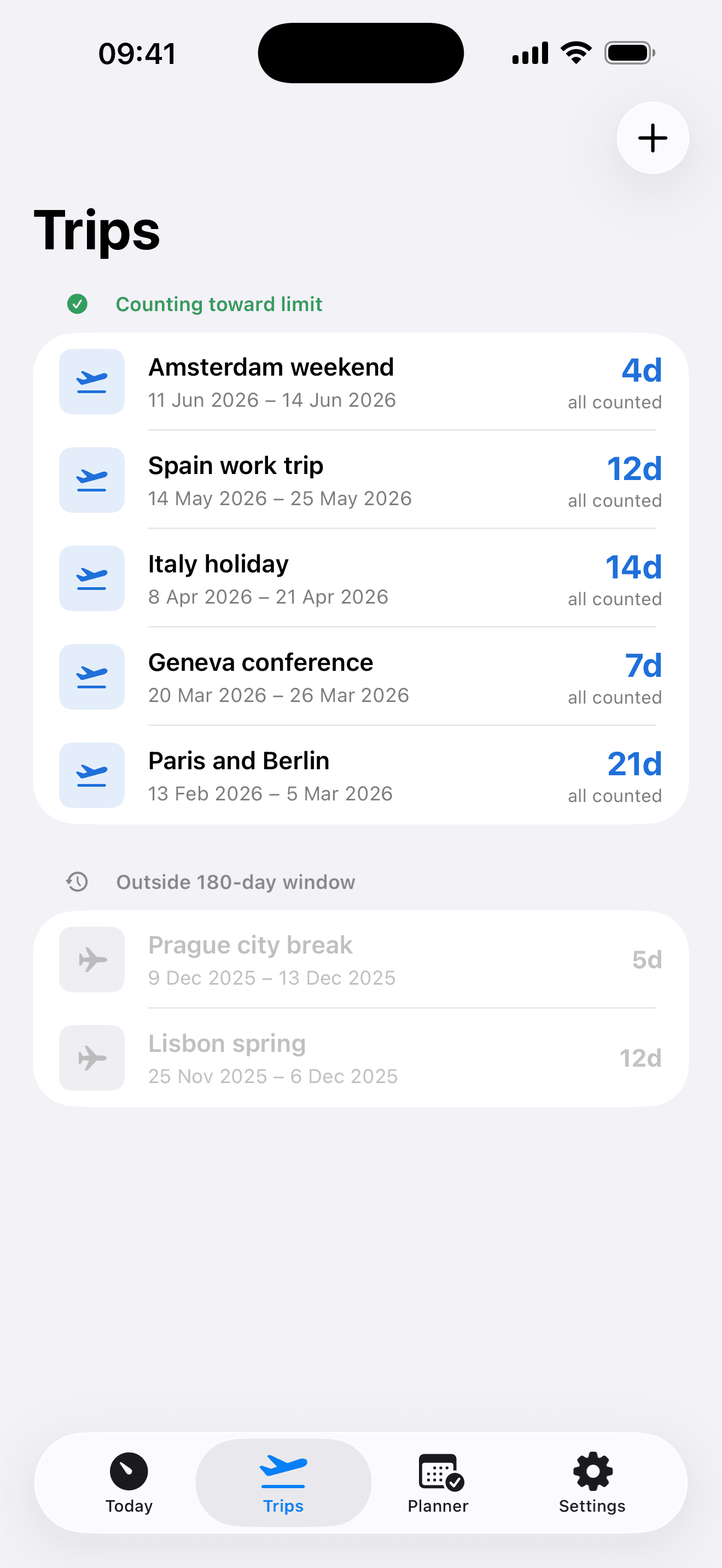 Stay90 Trips screen showing current and expired travel history